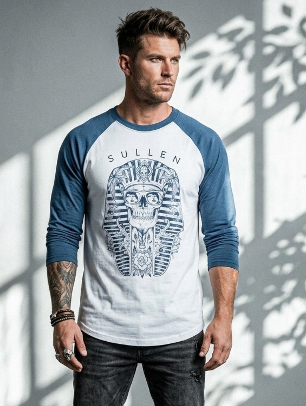 Sullen Art Collective Pharaoh Skull 100% Cotton Raglan Skater Graphic Shirt L